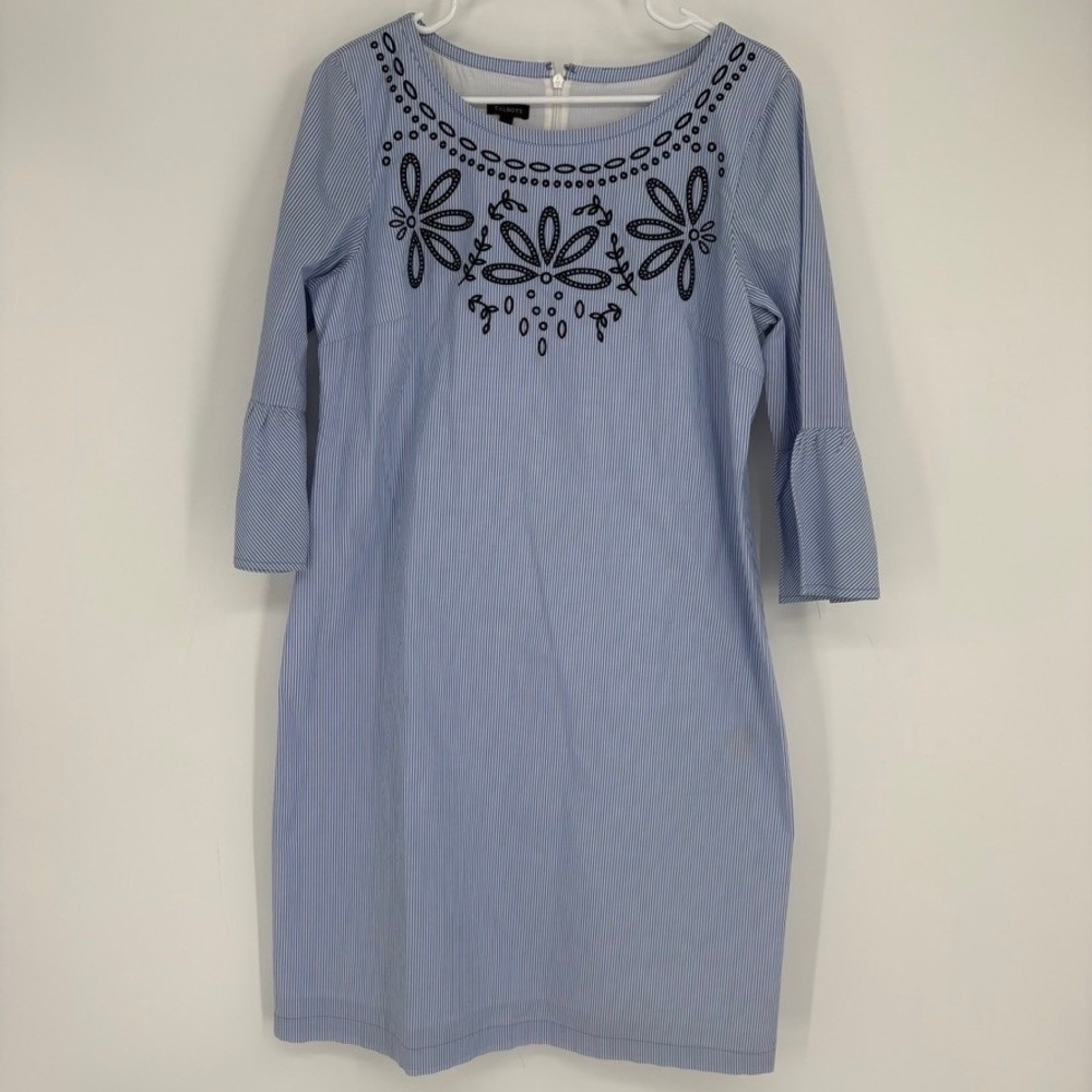 Talbots Blue White‎ Stripe Embroidered Bell Sleeve Shift Dress Women Size 10